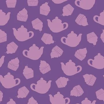 Repeat pattern tea pot and cupcakes silhouettes Stock Illustration