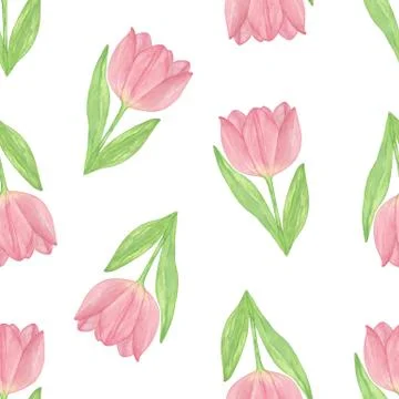 Repeat pattern of a tender pink tulip flower on the white background Stock Illustration