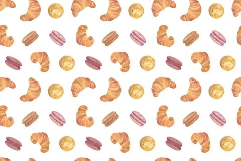 Repeat pattern of traditional French breakfast bun and colored macaroons Stock Illustration