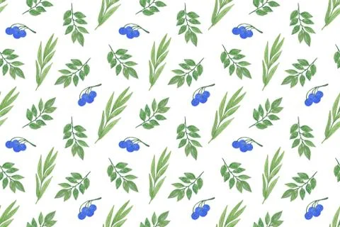 Repeat pattern of watercolor fancy blue berries and leaves Illustrazione stock