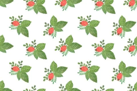 Repeat pattern of watercolor flower composition of red rosehip berries Stock Illustration