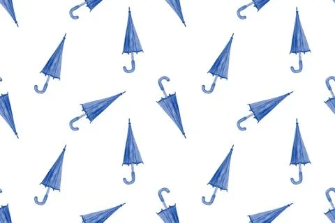 A repeat pattern of watercolor hand drawn umbrella toned in deep classic blue Stock Illustration
