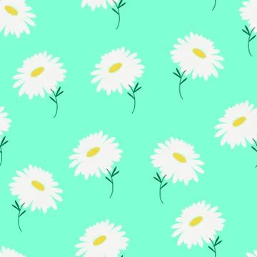 Repeat pattern of white ox-eye daisy flowers and green leaves Stock Illustration