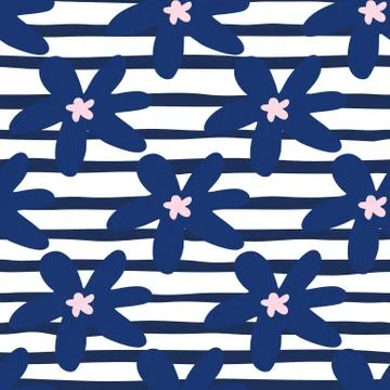 Repeat seamless botanical pattern with daisy flowers elements. Navy blue flor Stock Illustration