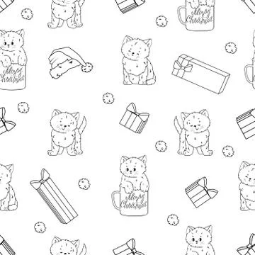 Repeat seamless pattern of cats and kittens with different emotions, christma Stock Illustration