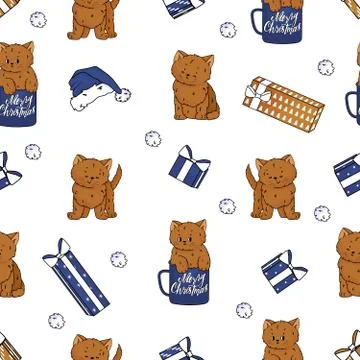 Repeat seamless pattern of cute brown cats and kittens with different emotion Stock Illustration