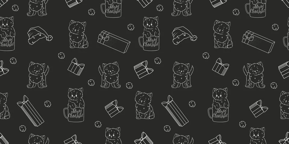 Repeat seamless pattern of gray white cats and kittens with different emotion Stock Illustration