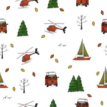 Repeat seamless pattern of helicopter, yacht, travel bus, trees Stock Illustration