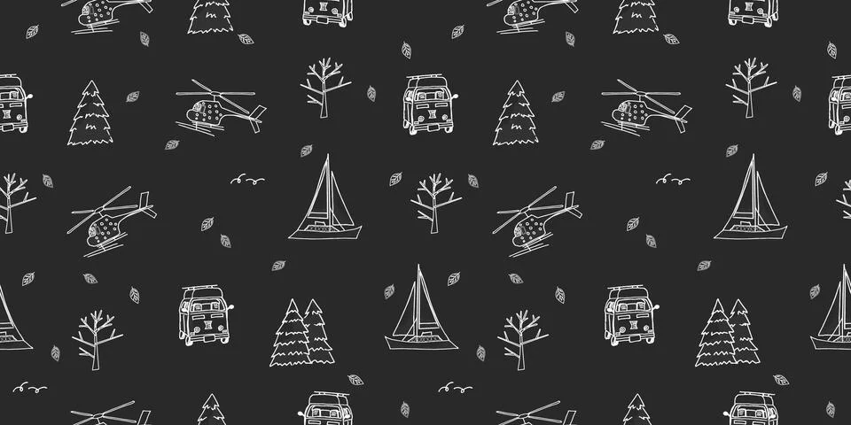Repeat seamless pattern of helicopter, yacht, travel bus, trees Stock Illustration