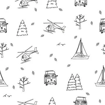 Repeat seamless pattern of helicopter, yacht, travel bus, trees, christmas tr Stock Illustration