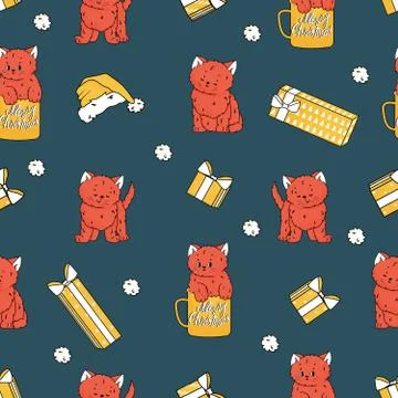 Repeat seamless pattern of red cats and kittens with different emotions and p Stock Illustration
