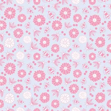 Repeat vector pattern with bees and flowers on pastel purple background Stock Illustration