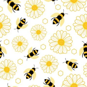 Repeat vector pattern with bees and flowers Stock Illustration