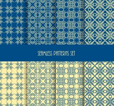 Repeatable geometric style. Stylish blue yellow color seamless pattern set Illustrazione stock