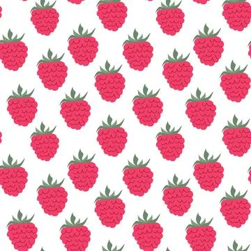 A repeated pattern featuring bright red raspberries with green leaves on a wh Illustrazione stock