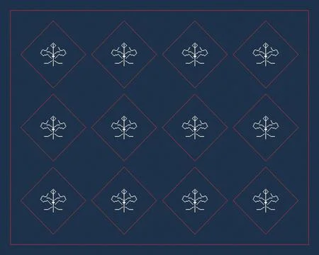 Repeated white botanical emblems sit inside burgundy diamond outlines on a .. Stock Illustration