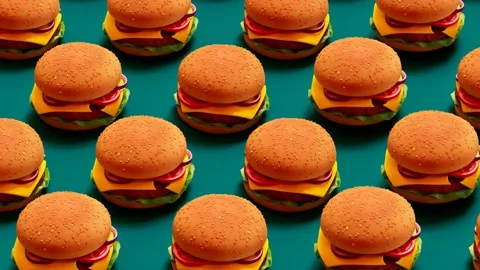 Repeating 3D Cheeseburger Pattern with Wave Motion on Teal Background Stock Footage 133482476