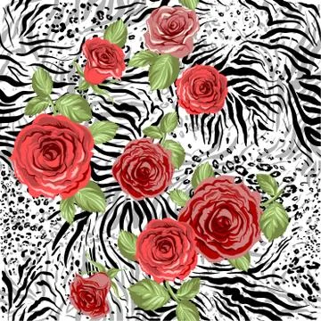 Repeating animal pattern and flowers Stock Illustration