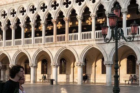 Repeating architectural pattern of facade and shadow in colonnade of Doge's.. Stock Photos