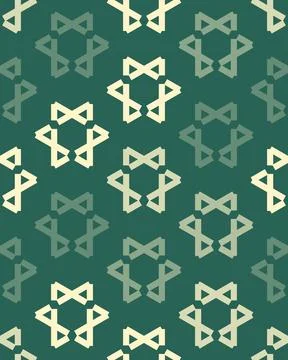 A repeating arrangement of angular bowlike emblems in muted green and warm .. Stock Illustration