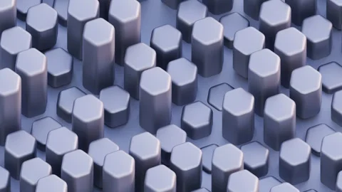 A repeating array of smooth, futuristic hexagonal columns creating a deep, abstr Video stock 340238334