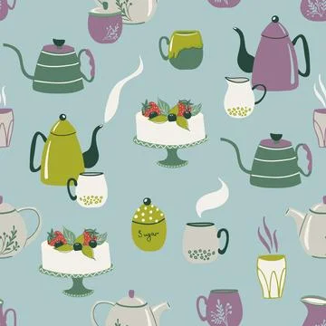 Repeating background with tableware and cake Stock Illustration