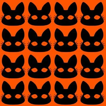 Repeating Black Cat Faces Halloween Pattern on Orange Illustrazione stock