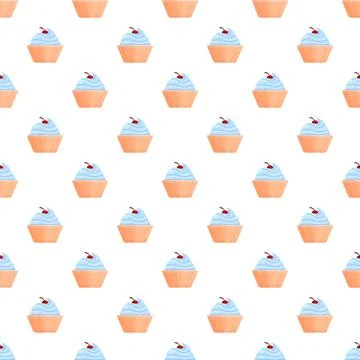 Repeating blue cupcake with cherry background pattern Stock Illustration