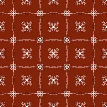 A repeating brick-red pattern with white geometric lines and simple floral icons Illustrazione stock