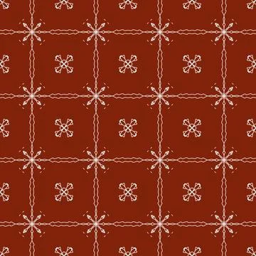 A repeating brick-red pattern with white geometric lines and simple floral icons Illustrazione stock