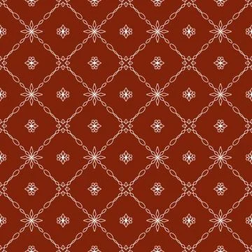 A repeating brick-red pattern with white geometric lines and simple floral icons 스톡 일러스트