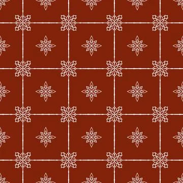 A repeating brick-red pattern with white geometric lines and simple floral icons Illustrazione stock