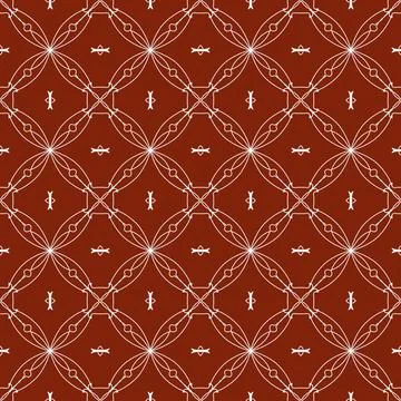 A repeating brick-red pattern with white geometric lines and simple floral icons Illustrazione stock