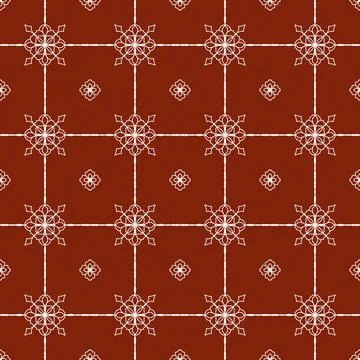 A repeating brick-red pattern with white geometric lines and simple floral icons Illustrazione stock