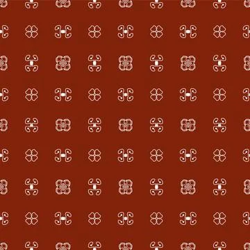 A repeating brick-red pattern with white geometric lines and simple floral icons イラスト素材
