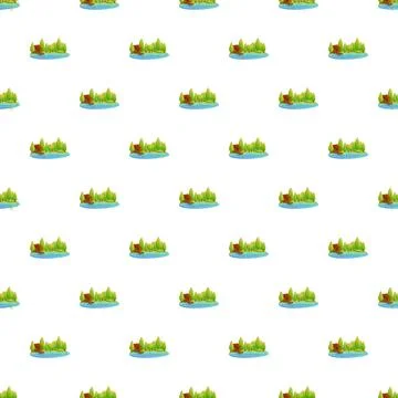 Repeating cartoon landscape pattern with green trees and water Stock Illustration