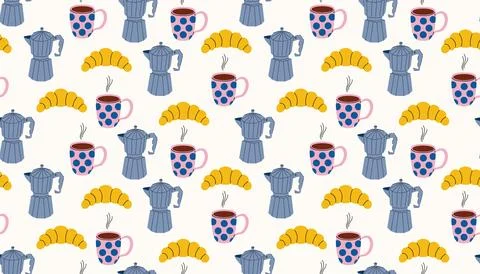 Repeating cartoon pattern of coffee makers, croissants, and hot mugs on sof.. Stock Illustration