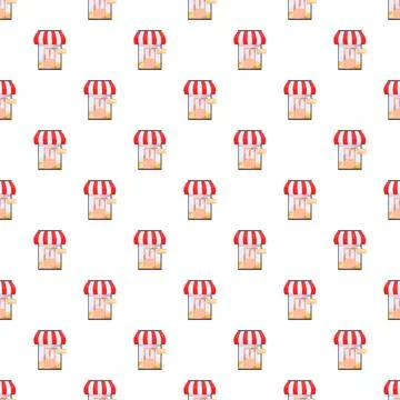 Repeating cartoon shops with red striped awnings pattern Illustrazione stock