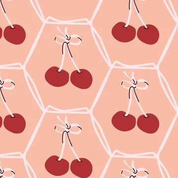 Repeating cherry pattern with geometric background 스톡 일러스트