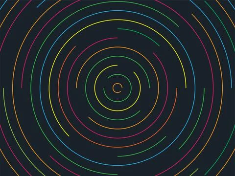 Repeating colored dashed circles growing outwards. Vector background. Illustrazione stock