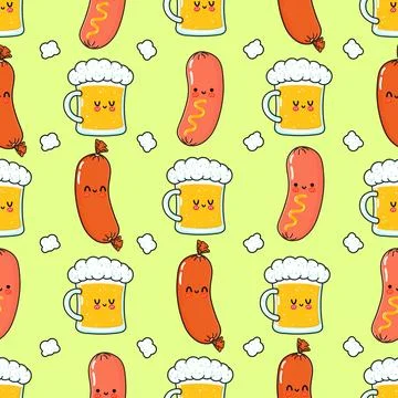A repeating, colorful pattern of beer mugs and sausages with charming, happ.. イラスト素材