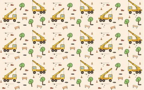 Repeating construction vehicle pattern with cranes and road signs for kids .. Stock Illustration