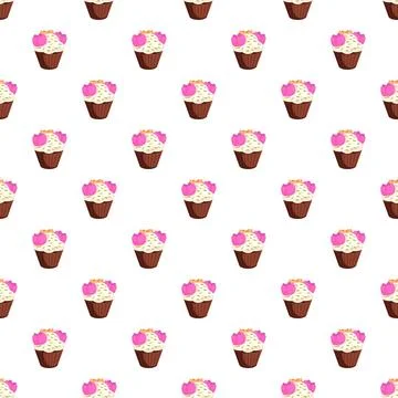 Repeating cupcakes pattern with pink flowers and frosting Stock Illustration