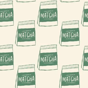Repeating design of matcha tea bags on cream background Stock Illustration