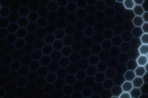 A repeating field of thin blue hexagonal outlines covers a nearly black sur.. Ilustração Stock