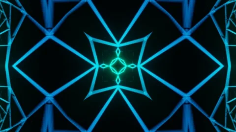 Repeating geometric pattern of 3D straight neon lines on pale background, kaleid Stock Footage 312352631