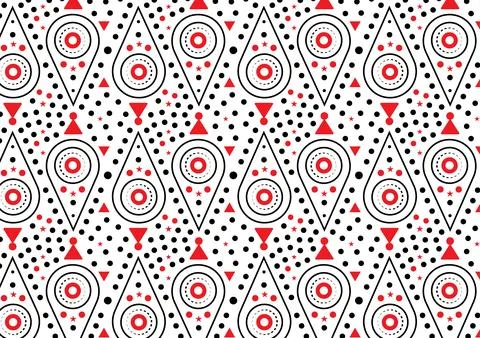 A repeating geometric pattern circles, stars, rows black dots, and triangles 스톡 일러스트