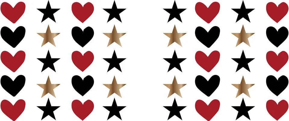 A repeating grid pattern of black heart and star silhouettes arranged in vert Stock Illustration