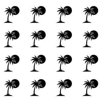 A repeating grid pattern of black silhouette featuring a palm tree and a la.. Stock Illustration