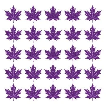 A repeating grid pattern of twenty five purple maple leaves arranged in fiv.. 스톡 일러스트
